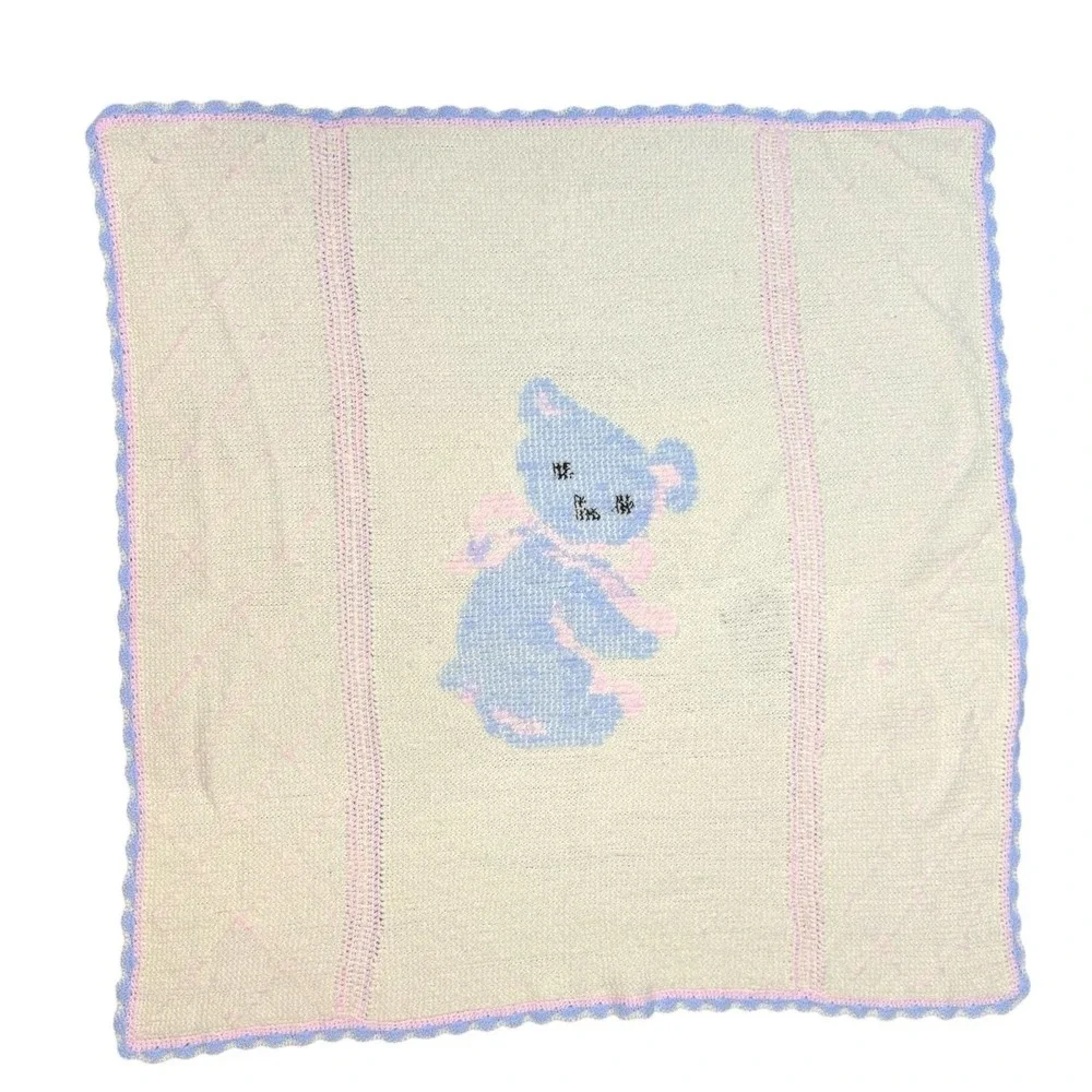 Vintage‎ Crochet Baby Blanket Teddy Bear Pastel Nursery Afghan Handmade 35